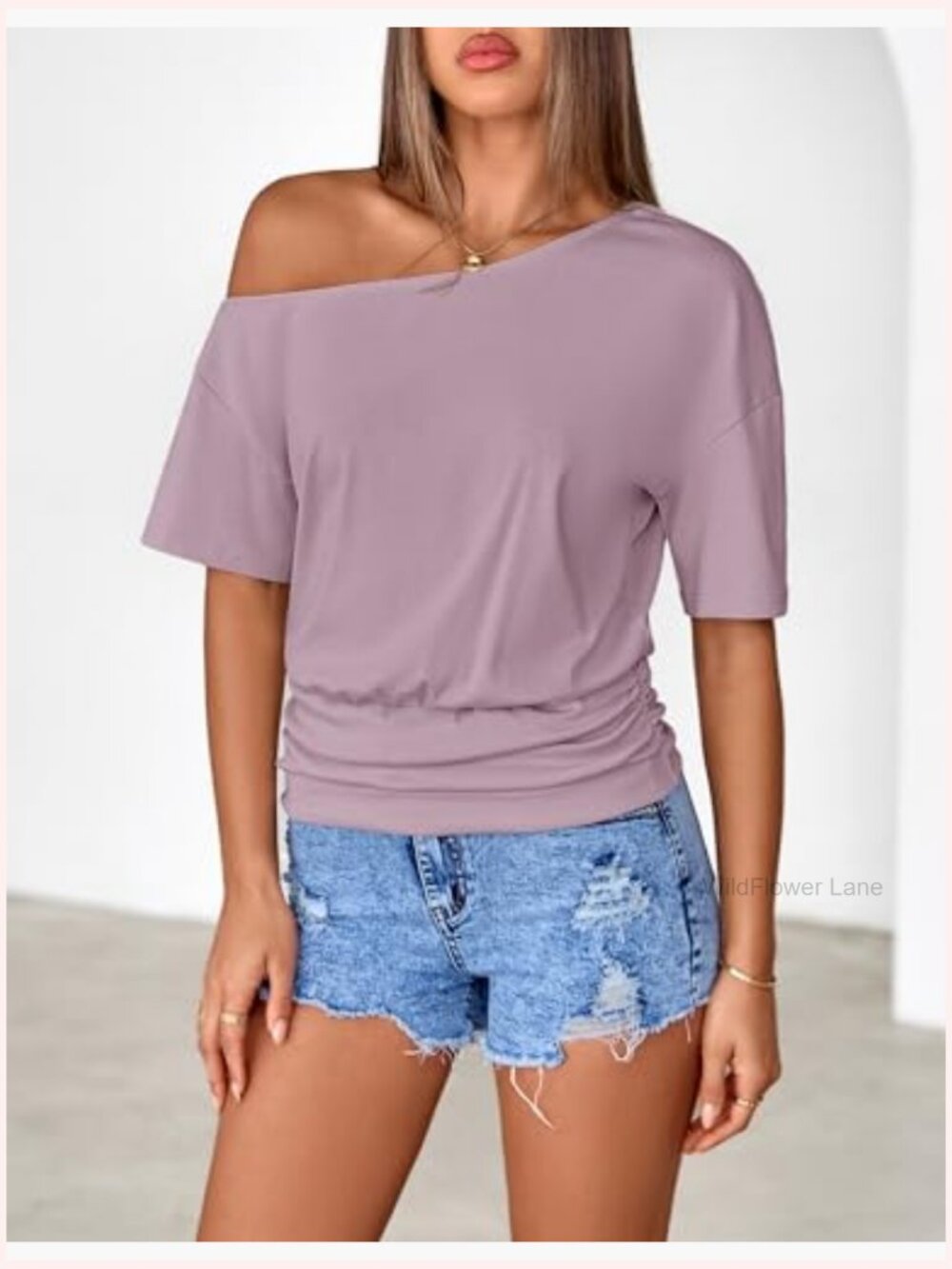 Off Shoulder Asymmetrical Tee Going Out Top Loose Fit Y2k - Picture 2 of 7